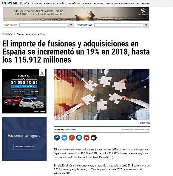 El importe de fusiones y adquisiciones en Espaa se increment un 19% en 2018, hasta los 115.912 millones